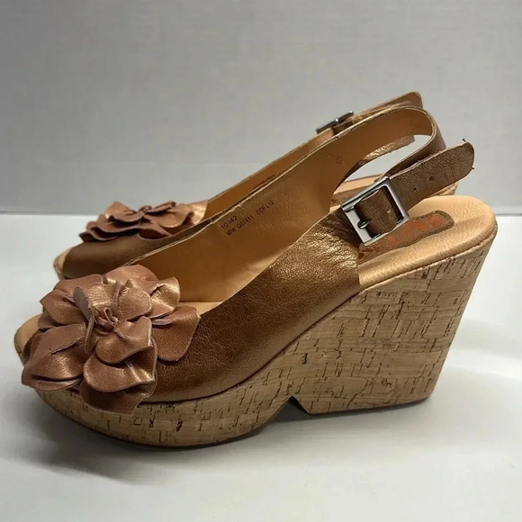 Korks High Heels Shoes Leather Floral Open Toe Sling Back Gold Brown Size 10 - Picture 1 of 11